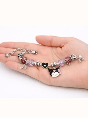 Kuromi Silver Charm Bracelet | Y2K Kawaii,  Pastel Purple & Black Beads